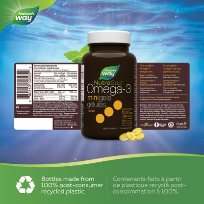 Nature's Way NutraSea Omega 3 + Vitamin D Fish Oil Mini Gels Supplement – Fresh Mint Flavour – Heart, Brain, Bone & Immune Support – 1000mg EPA & DHA + 1000IU D3, 120 Softgels - Available at All In One Marketplace Canada