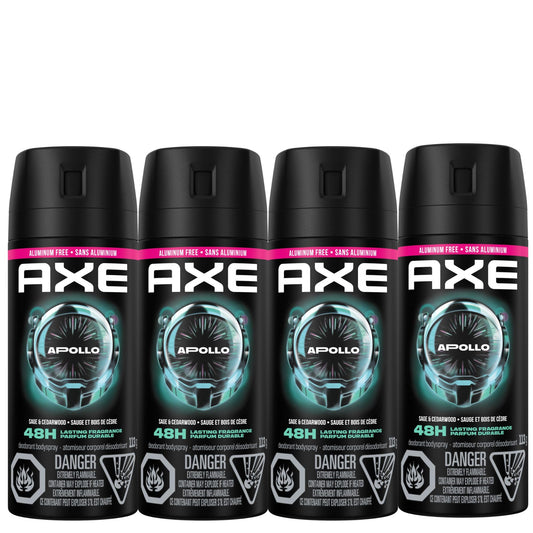 AXE Apollo Deodorant Body Spray, for long-lasting odour protection, Sage & Cedarwood, Aluminum-free Deodorant, 113g (Pack of 4) - Available at All In One Marketplace Canada
