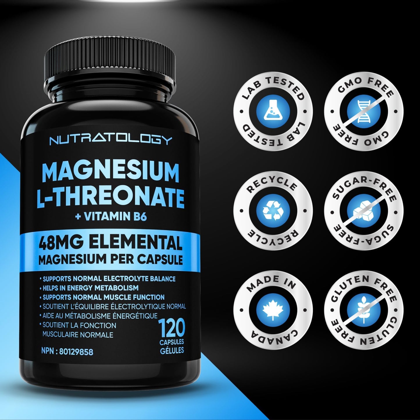 Nutratology® Magnesium L-Threonate + Vitamin B6 | Canadian-Made | Formulated To Help Support Heart & Muscle Function - Balances Electrolytes, Supports Energy Metabolism & Tissue Formation - 120 Count - Available at All In One Marketplace Canada