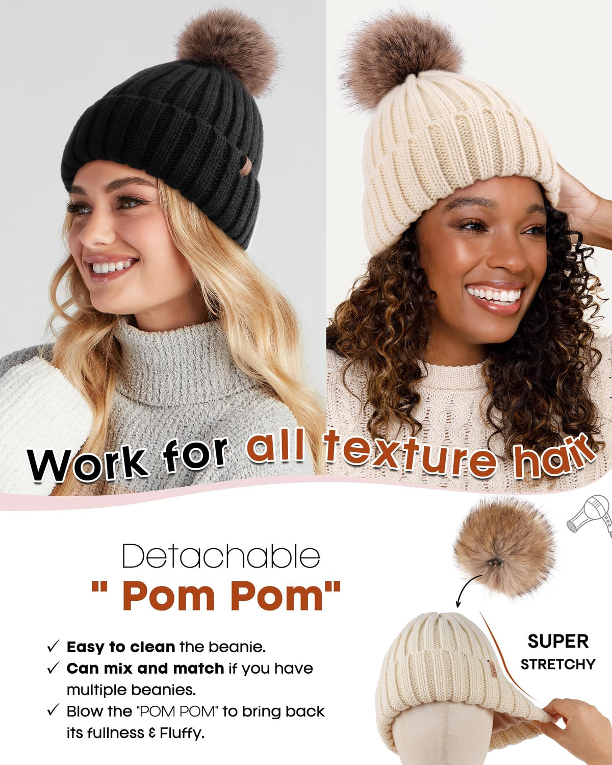 FURTALK Womens Winter Beanie Hat Satin Lined Faux Fur Pom Pom Beanies Hat for Women Winter Warm Knit Hats 🍁 All In One Marketplace Canada