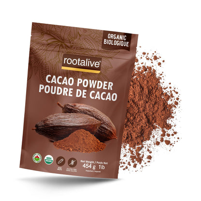 Rootalive Organic Raw Cacao Powder 454g (1lb), Premium Unroasted Cacao Bean powder in a Resealable Bag, Raw, Unsweetened, Vegetarian and Gluten-Free - Available at All In One Marketplace Canada