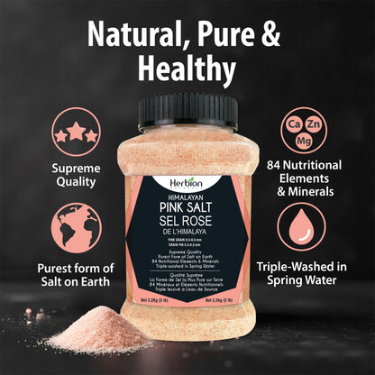 Herbion Naturals Himalayan Pink Salt - Fine Grain - 5 lb. (2.2 Kg) Unbreakable Jar - Kosher Certified - GMO-Free - Vegan - Supreme Quality - Chemical Free
