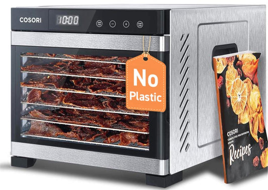 Cosori Food Dehydrator (50 Recipes) for Jerky, Vegetables Fruit, Meat, Dog Treats, Herbs, and Yogurt, Dryer Machine with Temperature Control, 6 Stainless Steel Trays, Rear-Mounted Fan, Silver - Available at All In One Marketplace Canada