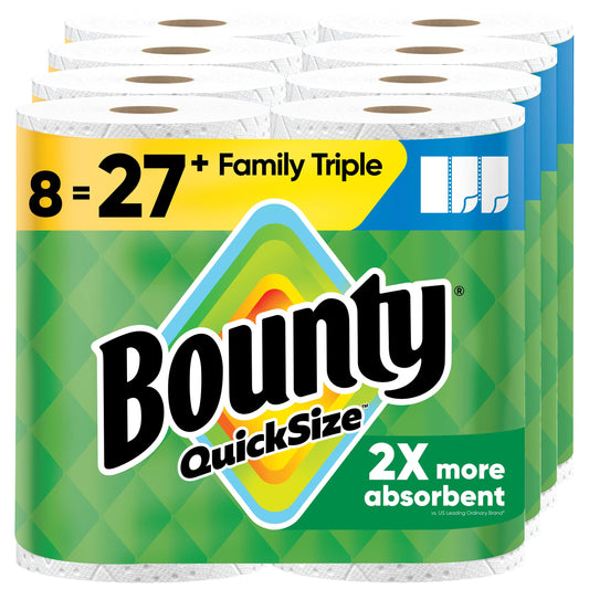Bounty Paper Towels Quick-Size, White, 8 Family Triple Rolls = 27 Regular Rolls