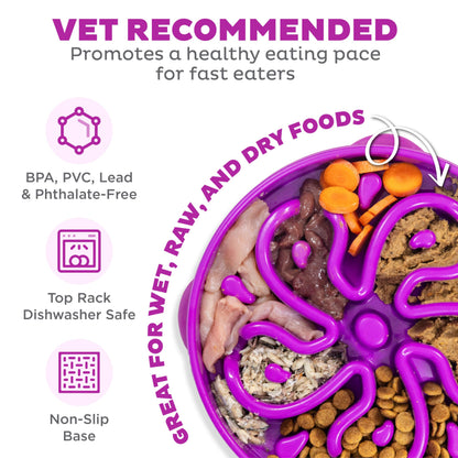 Fun Feeder Slo Bowl – Large 4‑Cup Capacity, Slow Feeding, Medium to Large Dogs, Non‑Slip, Purple, Flower Pattern