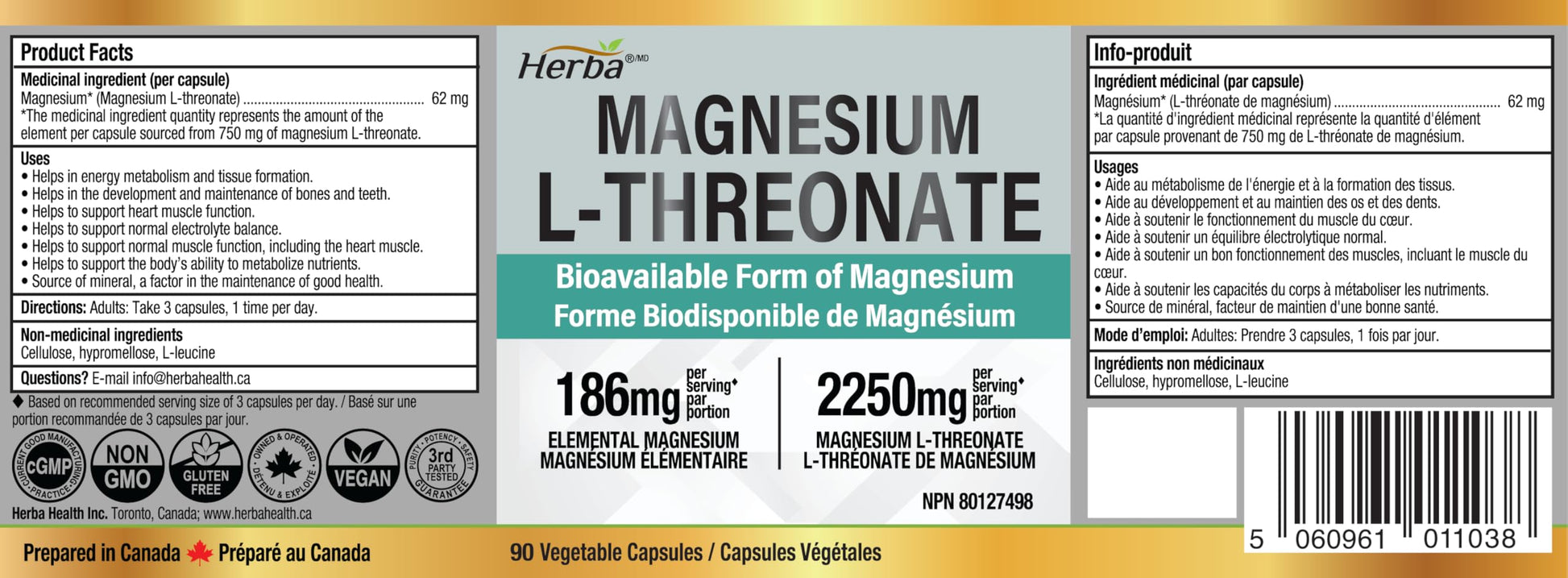 Herba Magnesium L-Threonate – 2,250mg of Magnesium L Threonate Per Serving (3 Capsules) - 186mg of Elemental Magnesium | Bioavailable Form of Magnesium Supplement | 90 Vegetable Capsules | Made in Canada - Available at All In One Marketplace Canada