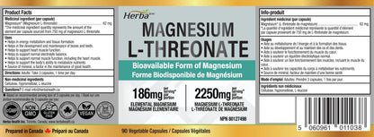 Herba Magnesium L-Threonate – 2,250mg of Magnesium L Threonate Per Serving (3 Capsules) - 186mg of Elemental Magnesium | Bioavailable Form of Magnesium Supplement | 90 Vegetable Capsules | Made in Canada - Available at All In One Marketplace Canada