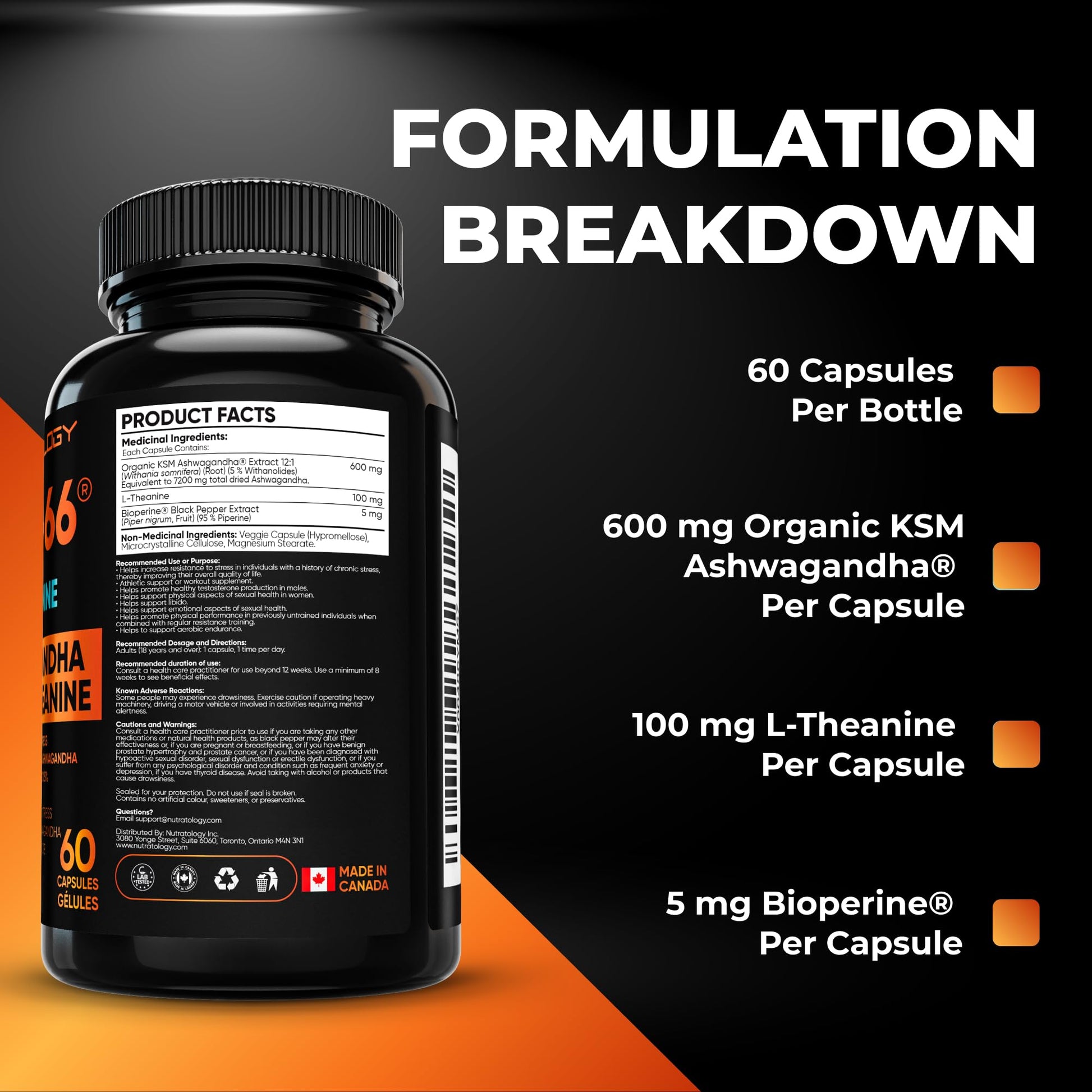 Nutratology® Ashwagandha KSM-66 7200MG + L-Theanine 100MG - Made In Canada | Stress Relief Supplements - Relaxation & Mood Support - Formulated With Bioperine For Enhanced Absorption - 60 Capsules - Available at All In One Marketplace Canada