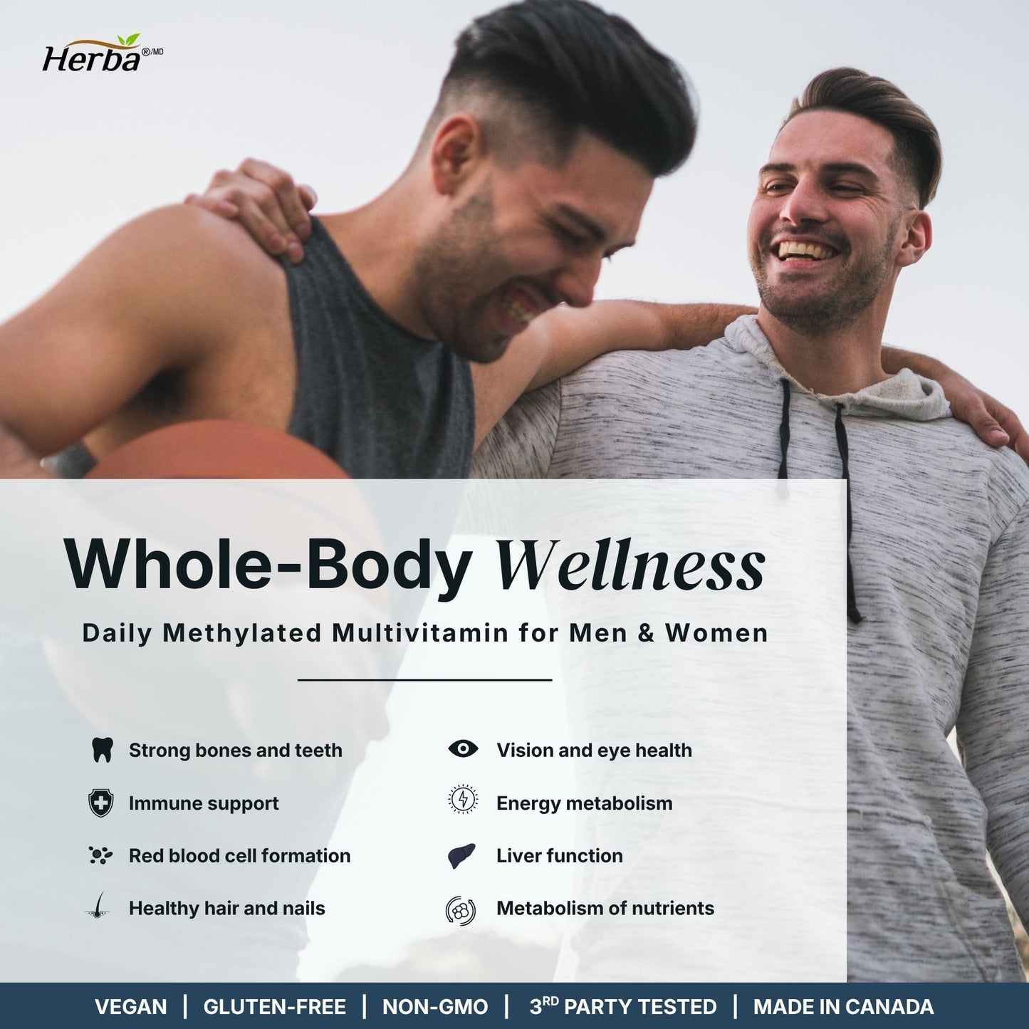 Herba Methylated Multivitamin with 500mg TMG & Methylated B Complex - 120 Capsules | 15 in 1 Formula | B Complex Vitamins for Women & Men including Methyl Folate Supplement | Vegan | Made in Canada - Available at All In One Marketplace Canada