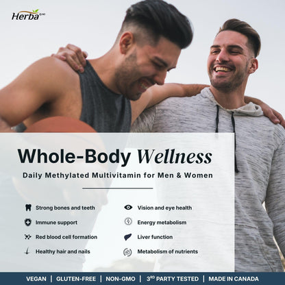 Herba Methylated Multivitamin with 500mg TMG & Methylated B Complex - 120 Capsules | 15 in 1 Formula | B Complex Vitamins for Women & Men including Methyl Folate Supplement | Vegan | Made in Canada - Available at All In One Marketplace Canada