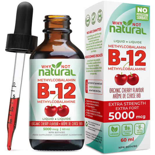 Organic Vitamin B12 Liquid - Sublingual Extra Strength 60 x 5000 mcg Drops, Methylcobalamin, Natural Cherry Flavor, Vegan, Maximize Absorption and Energy - Available at All In One Marketplace Canada