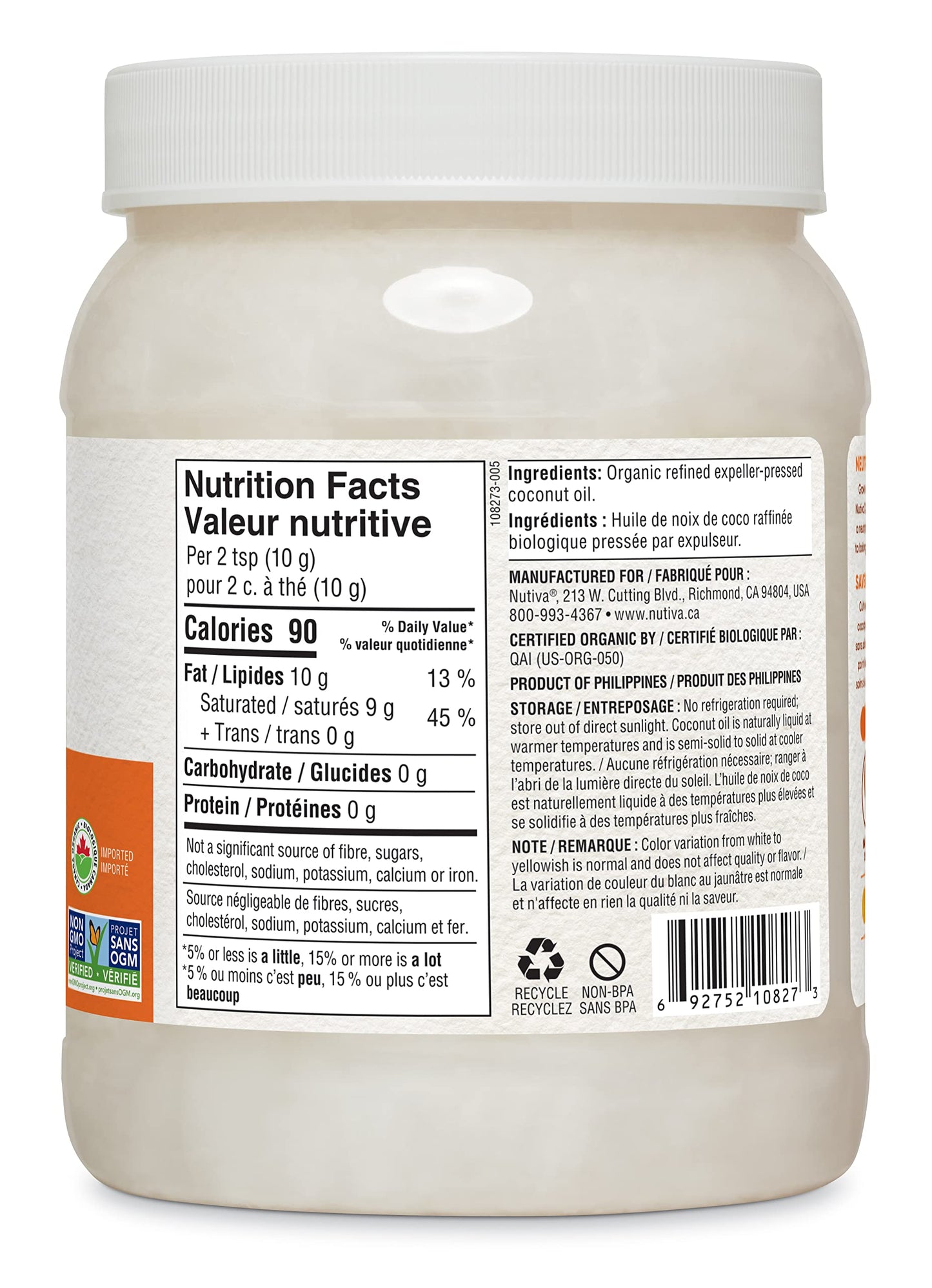 Nutiva Organic Steam-Refined Coconut Oil, 1.6 L, Non-GMO, Fair Trade | Vegan, Keto & Paleo, Neutral Flavor and Aroma for Cooking & Natural Moisturizer for Skin and Hair 🍁 All In One Marketplace Canada