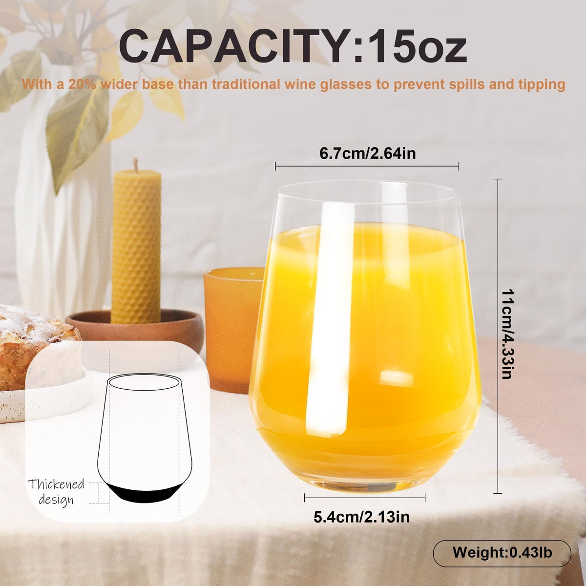 GLAZVIA Stemless Wine Glasses Set of 6, 15oz Clear Drinking Glassware 🍁 All In One Marketplace Canada