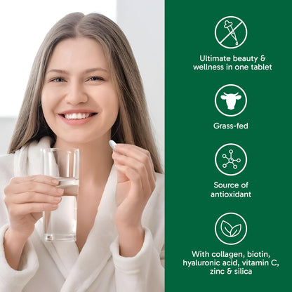 Organika Canadian-Made Enhanced Collagen Pure Beauty Tablets - Combination of Collagen (2600mg), Biotin (125mcg), Hyaluronic Acid, Vitamin C, Zinc, and Silica- 120tabs