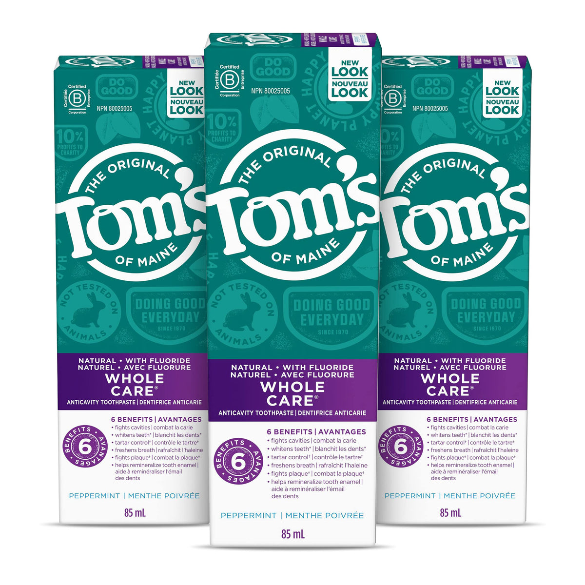 Tom's of Maine Whole Care Fluoride Natural Toothpaste, Peppermint, 85 mL, Wholecare Fluoride, 3 pack , Amazon Exclusive 🍁 All In One Marketplace Canada