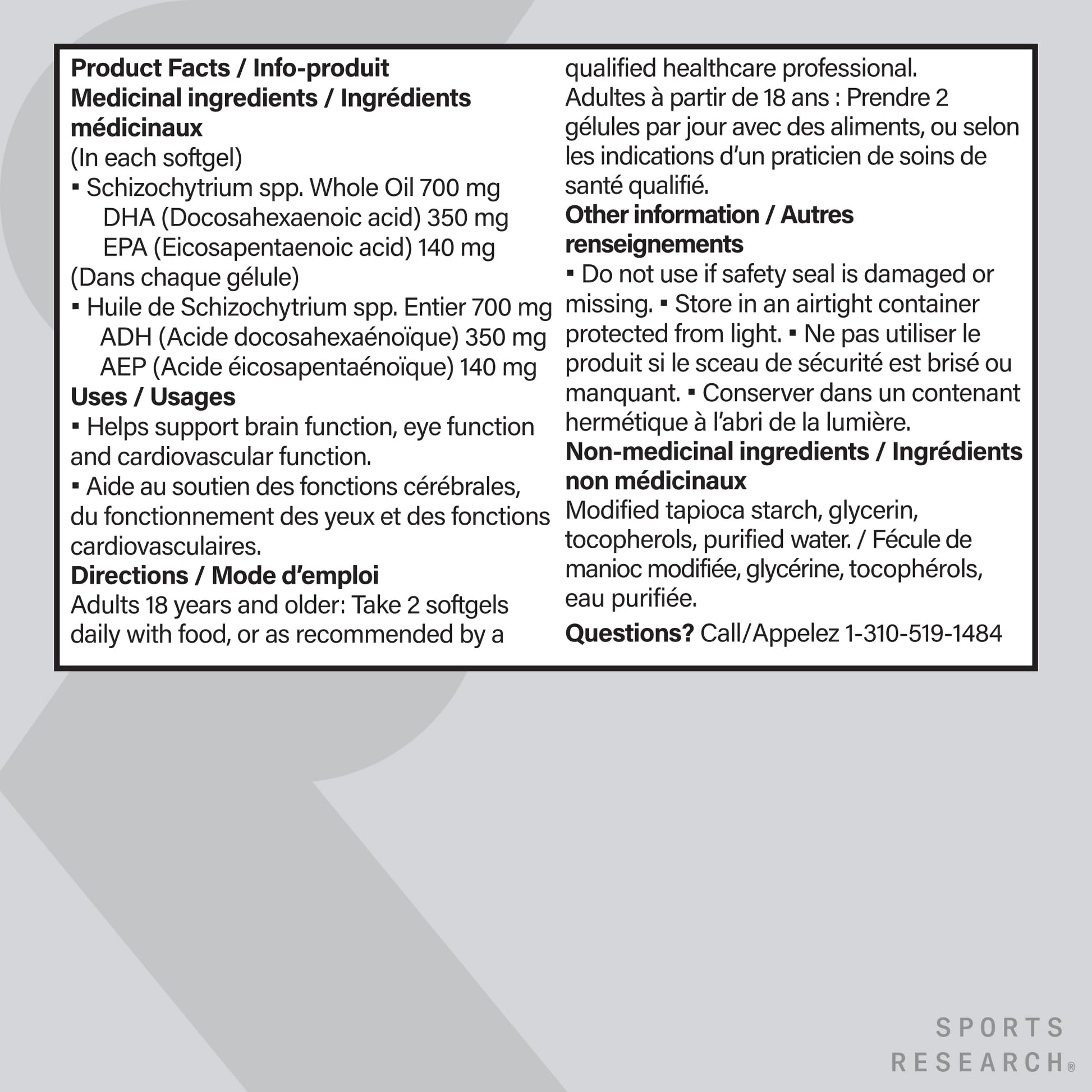 Sports Research Vegan Omega-3 Fish Oil Alternative from Algae Oil - Highest Levels of DHA & EPA Fatty Acids | Non-GMO Verified & Vegan Certified - 60 Veggie Softgels (Carrageenan Free) - Available at All In One Marketplace Canada