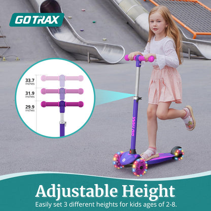Gotrax KS1 Kids Kick Scooter, LED Lighted Wheels and 3 Adjustable Height Handlebars, Lean-to-Steer & Widen Anti-Slip Deck, 3 Wheel Scooter for Boys & Girls Ages 3+ and up to 100 Lbs (Purple)