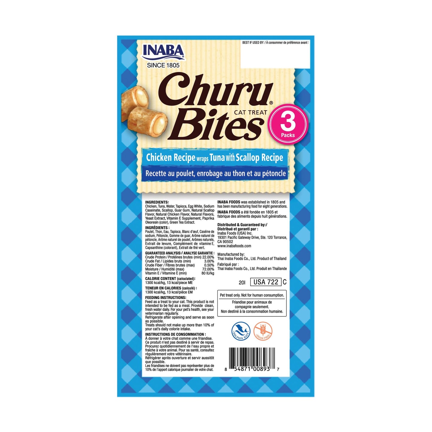 INABA Churu Bites Soft & Chewy Cat Treats, Tuna Scallop, 18ct | Immune support, 72% moisture, Low calorie, Pill-friendly center, Grain-free, Preservative-free, 18 x 0.35 oz tubes INABA