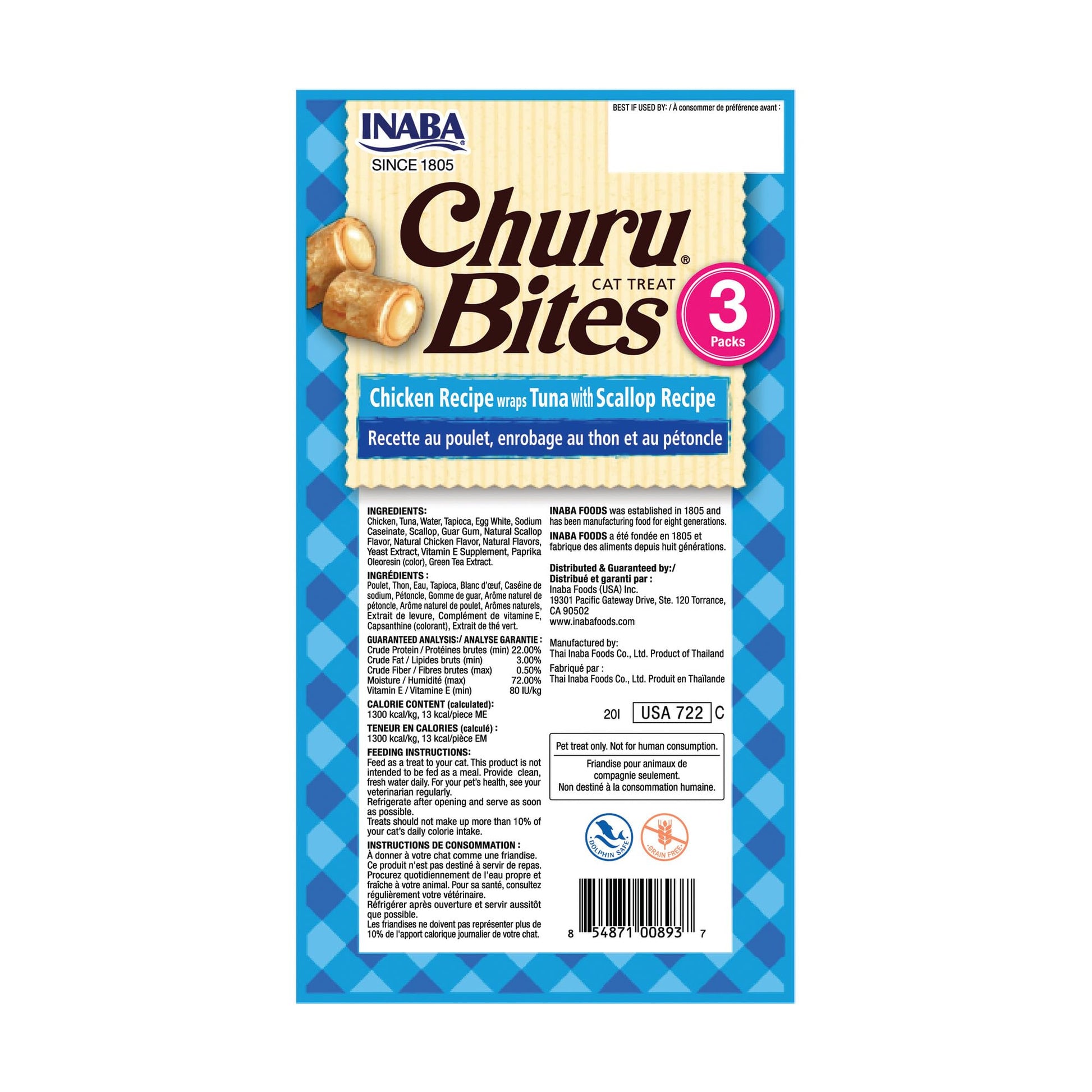 INABA Churu Bites Soft & Chewy Cat Treats, Tuna Scallop, 18ct | Immune support, 72% moisture, Low calorie, Pill-friendly center, Grain-free, Preservative-free, 18 x 0.35 oz tubes INABA