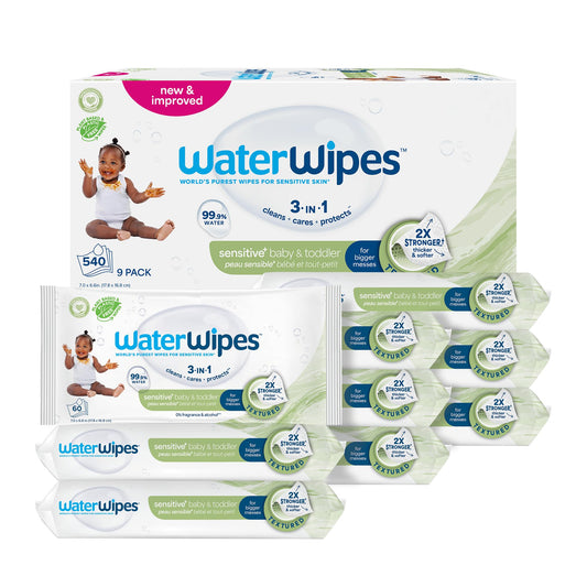 WaterWipes Sensitive+ Baby & Toddler Wipes, 3-in-1, Cares, Protects, 99.9% Water, Textured Clean, Unscented & Hypoallergenic, 540 Count (Pack of 9) 🍁 All In One Marketplace Canada