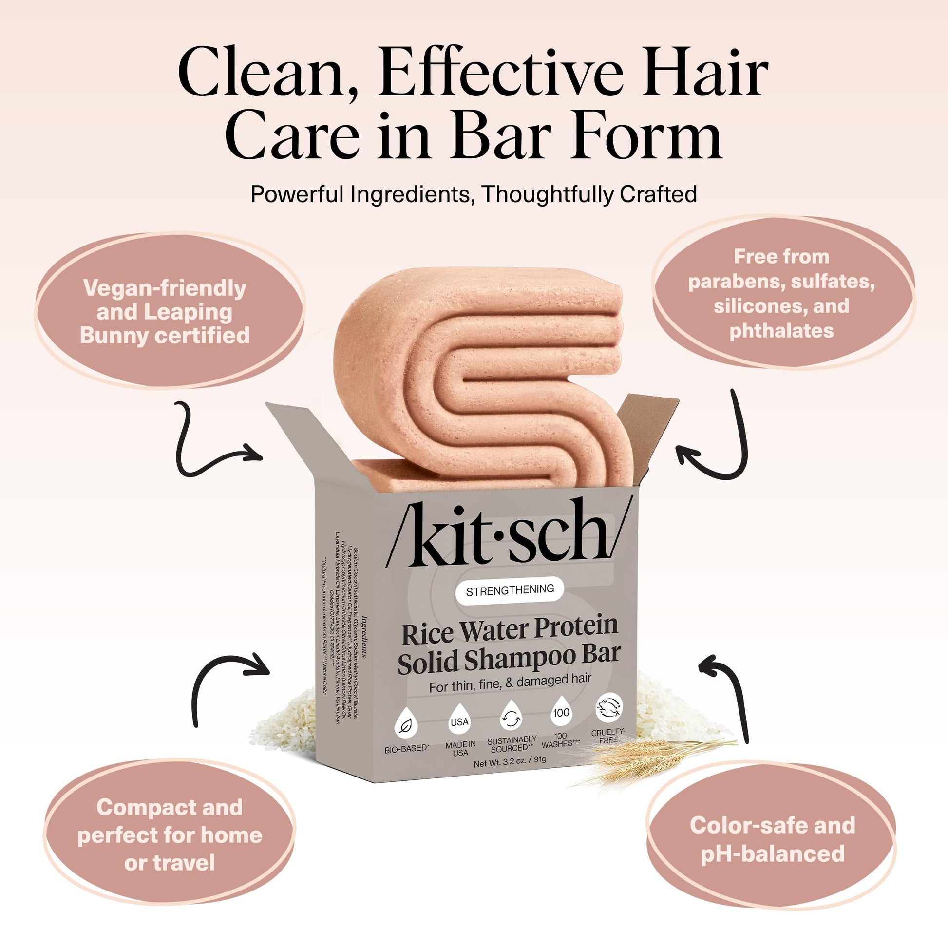 Kitsch Rice Water Shampoo Bar for Hair Growth – Strengthening Hair Shampoo for Men and Women – Reduce Breakage, Boosts Shine – Paraben, Silicone & Sulfate-Free, Vegan Hair Care - 91g - Available at All In One Marketplace Canada