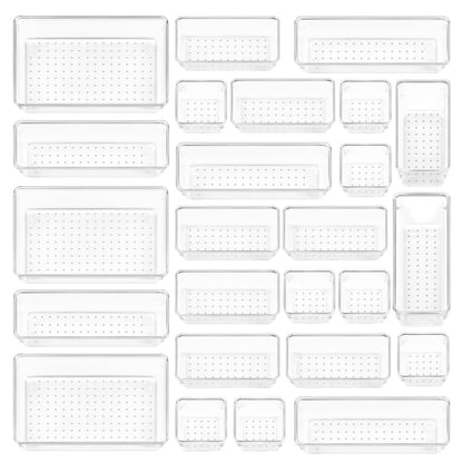 Vtopmart 25 PCS Plastic Clear Drawer Organizer, Acrylic Desk Drawer organizers, Organization and Storage for Makeup, Bathroom, Office, kitchen, Bedroom