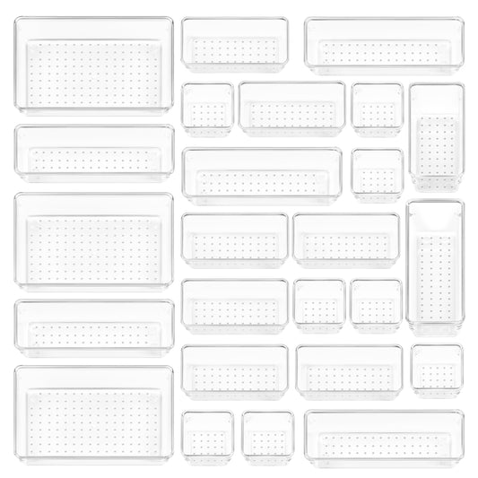 Vtopmart 25 PCS Plastic Clear Drawer Organizer, Acrylic Desk Drawer organizers, Organization and Storage for Makeup, Bathroom, Office, kitchen, Bedroom