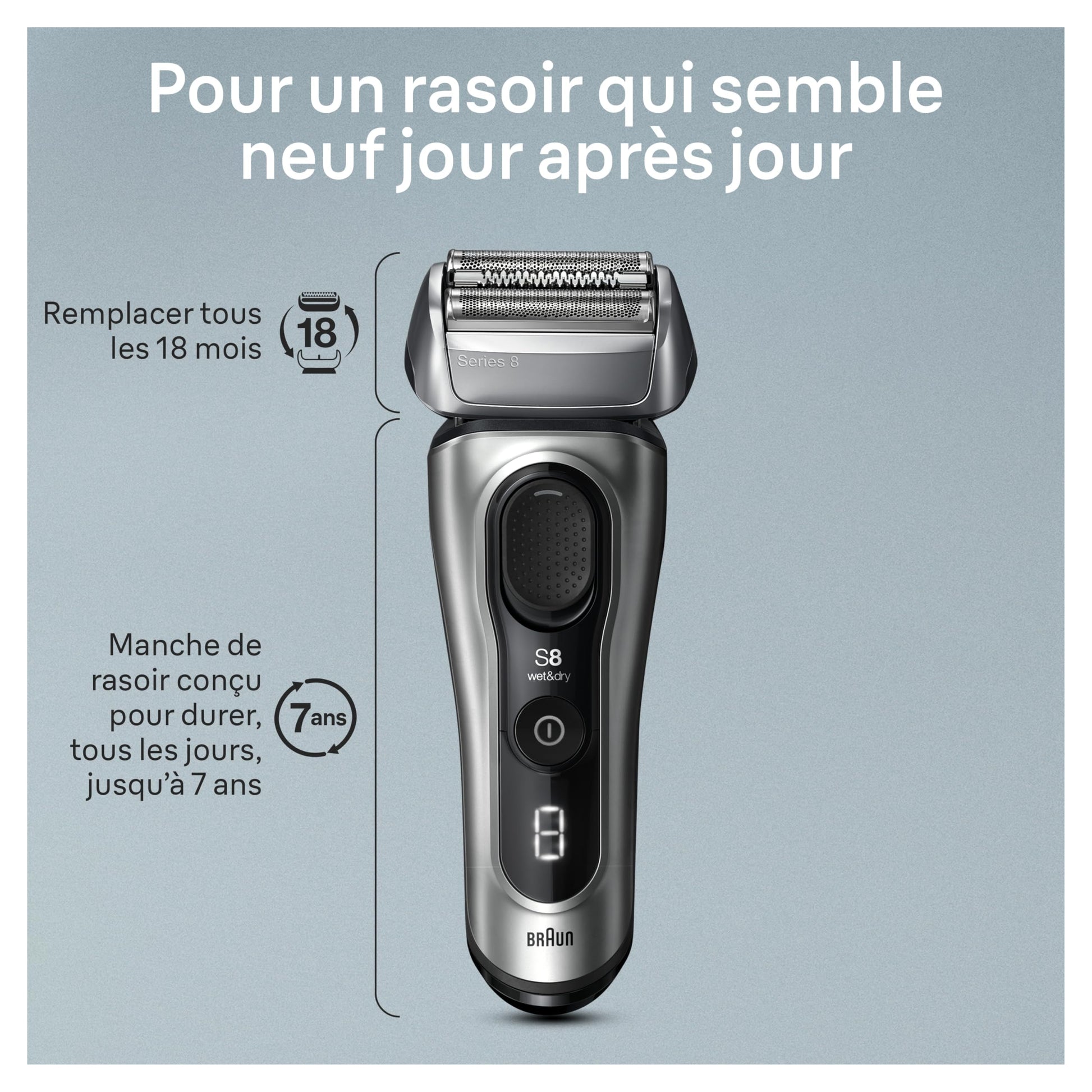 Braun Series 8 Electric Shaver for Men with Precision Long Hair Trimmer, Wet and Dry Electric Razor with Charging Stand and Travel Case, 8517s Galvano Silver - Available at All In One Marketplace Canada