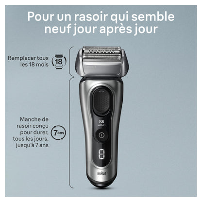 Braun Series 8 Electric Shaver for Men with Precision Long Hair Trimmer, Wet and Dry Electric Razor with Charging Stand and Travel Case, 8517s Galvano Silver - Available at All In One Marketplace Canada