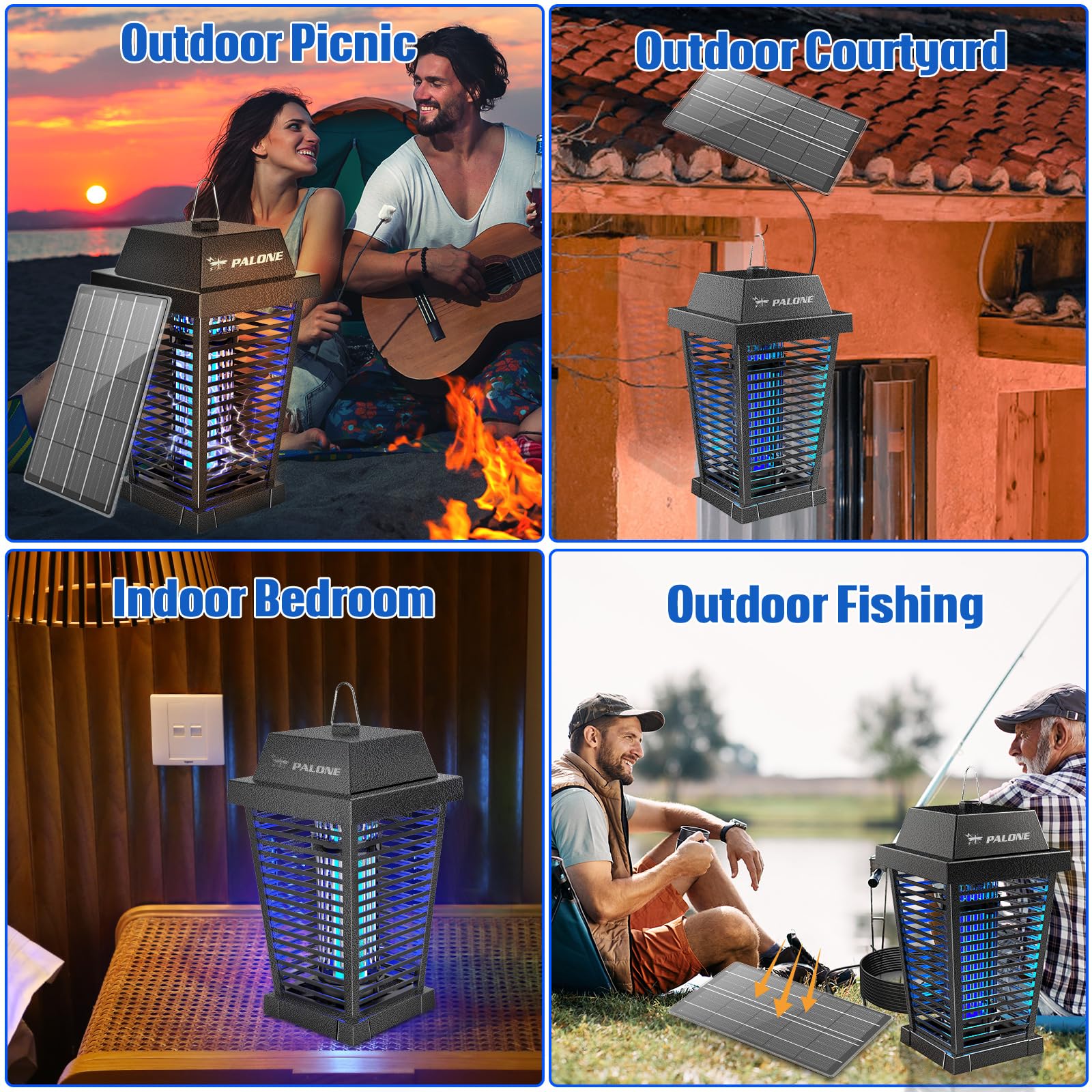 PALONE Bug Zapper with 4500V, USB-C and Solar Panel Dual Charging, Waterproof Bug Zapper with 7.5W Solar Charging Panel, Suitable for Camping Outdoor