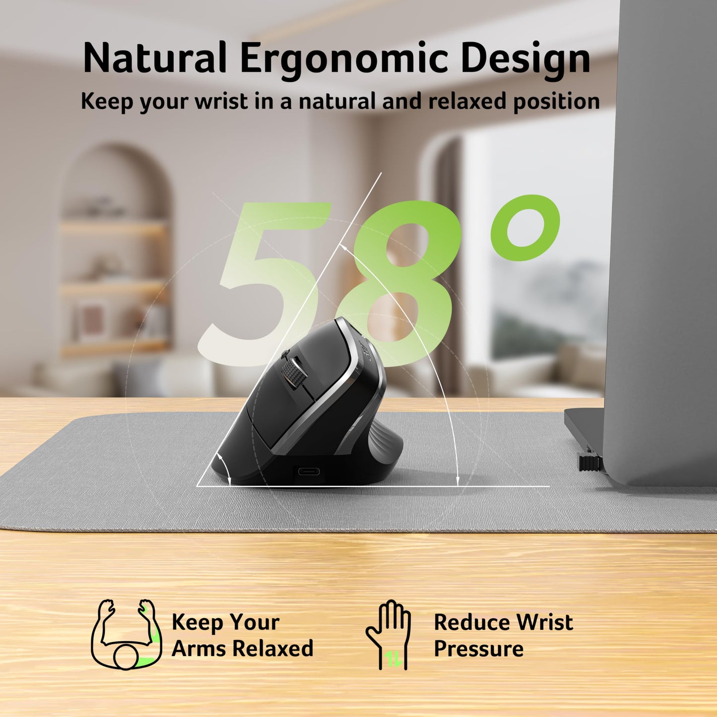 Acer Wireless Ergonomic Mouse, Rechargeable Vertical Mouse, 3 Adjustable DPI 1600/1200/1000, Ergo Mice, 2.4GHz Computer Mouse with 6 Buttons, 2.4GHz USB Receiver for Laptop, PC, Desktop