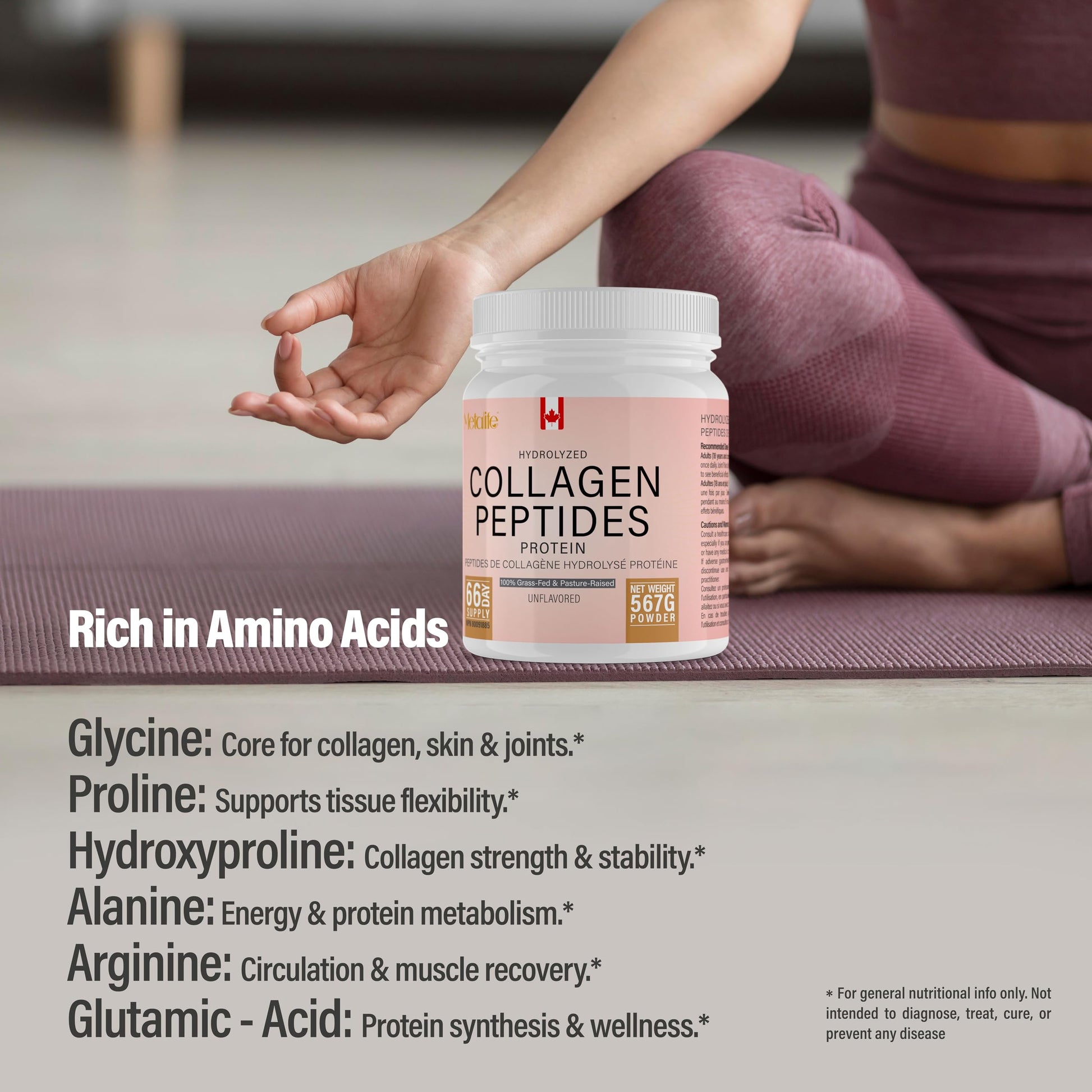 Hydrolyzed Collagen Peptides Powder (Type 1 & 3) 567g (66 Servings) – Grass-Fed Bovine, Unflavored, Made in Canada, Supports Skin, Joints, Hair & Nails - Available at All In One Marketplace Canada