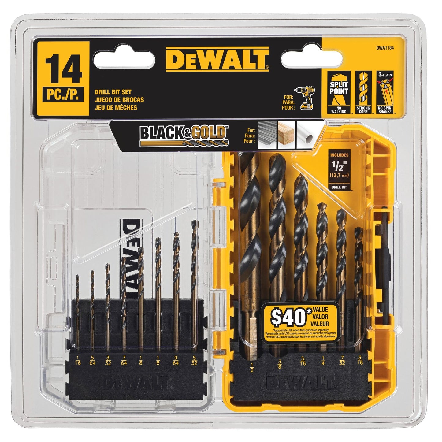 DEWALT Drill Bit Set, Black and Gold, 14-Piece (DWA1184) DEWALT
