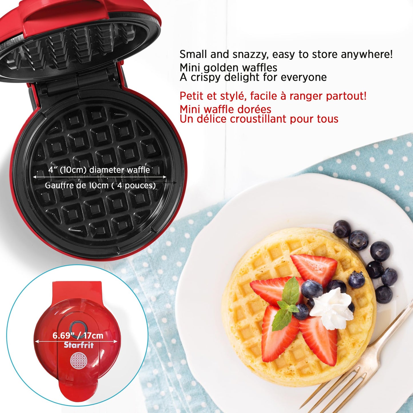Starfrit Electric Mini Waffle Maker - 4" Non-Stick Cooking Surface - Easy to Use & Clean - Red - 350W - Available at All In One Marketplace Canada