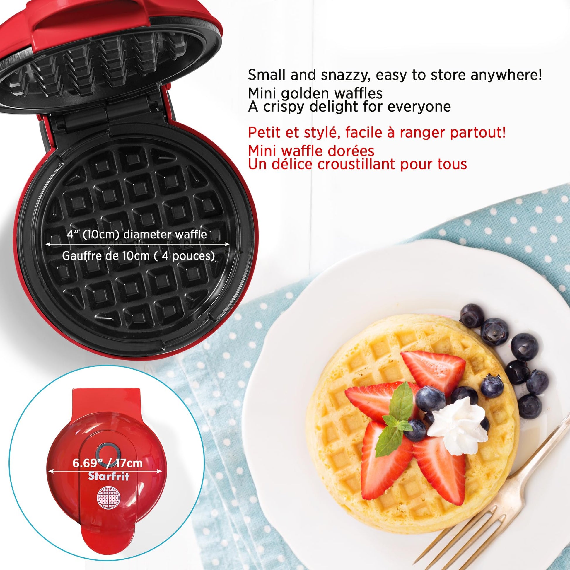 Starfrit Electric Mini Waffle Maker - 4" Non-Stick Cooking Surface - Easy to Use & Clean - Red - 350W - Available at All In One Marketplace Canada