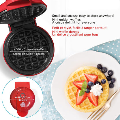 Starfrit Electric Mini Waffle Maker - 4" Non-Stick Cooking Surface - Easy to Use & Clean - Red - 350W - Available at All In One Marketplace Canada