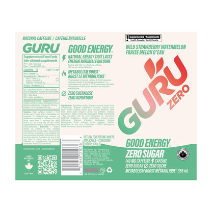 GURU ZERO SUGAR Organic Energy Drink Variety Pack – Plant-Based Caffeine, 140mg per 355mL, 12-Pack
