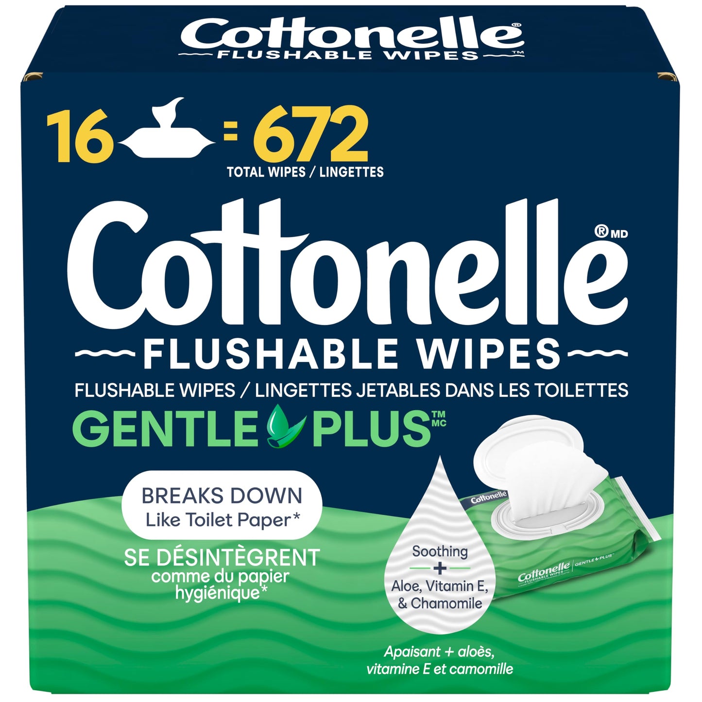 Flushable Wet Wipes, Cottonelle GentlePlus, Biodegradable & Septic Safe, 16 Flip-Top Packs of 42 (672 Wipes)
