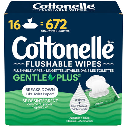 Flushable Wet Wipes, Cottonelle GentlePlus, Biodegradable & Septic Safe, 16 Flip-Top Packs of 42 (672 Wipes)