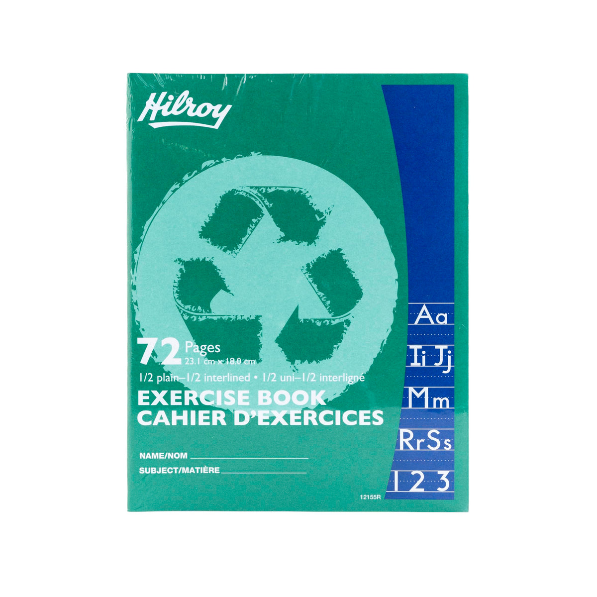 Hilroy Recycled Stitched Exercise Book, 1/2 plain, 1/2 interlined, 72 Pages/36 Sheets, 7-1/8” (180 cm) x 9-1/8” (23.1 cm) Sheet Size, Green Cover, 1 Case of 24 Books (12155R)