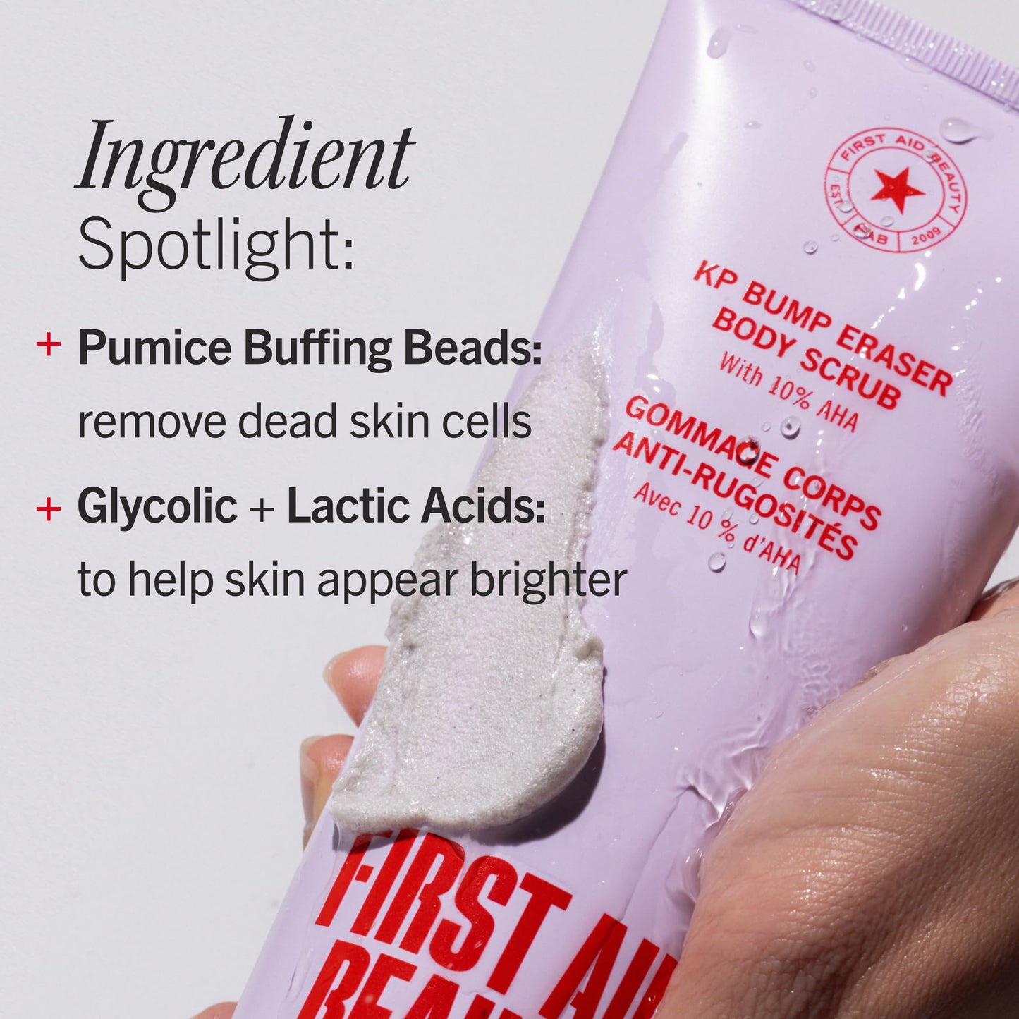 First Aid Beauty KP Bump Eraser Body Scrub, 10% AHA Keratosis Pilaris Exfoliator - Glycolic & Lactic Acid with Pumice, Treatment for Strawberry Legs, Razor Bumps & Rough Bumpy Skin, Safe for Sensitive Skin, 10 oz, Unscented First Aid Beauty