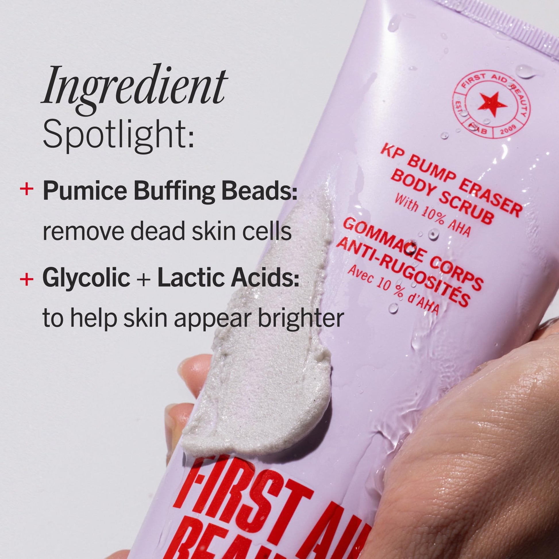First Aid Beauty KP Bump Eraser Body Scrub, 10% AHA Keratosis Pilaris Exfoliator - Glycolic & Lactic Acid with Pumice, Treatment for Strawberry Legs, Razor Bumps & Rough Bumpy Skin, Safe for Sensitive Skin, 10 oz, Unscented First Aid Beauty