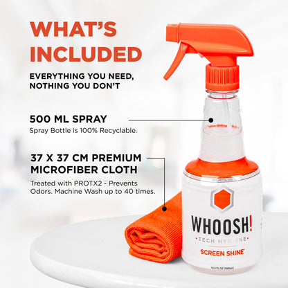 WHOOSH! Screen Shine Pro 500 ml Refillable OLED TV Screen Cleaner, Safe & Streak Free Electronic Cleaner for Laptop, Monitor, MacBook, Camera Cleaning Kit with 37 x 37 cm Microfiber Cloth - Available at All In One Marketplace Canada
