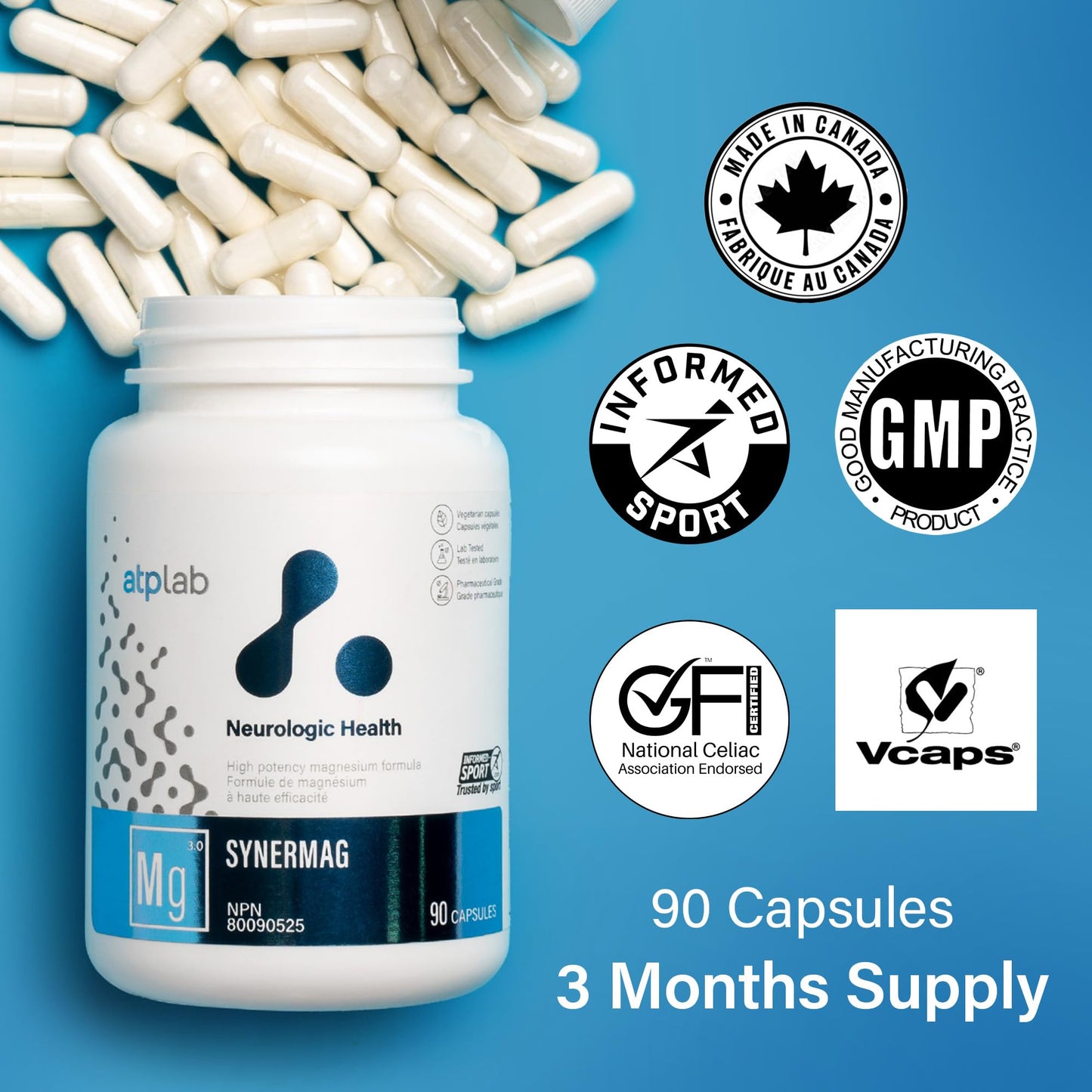 ATP LAB - Synermag 90 Capsules 90-Day Supply - High potency Magnesium Bisglycinate, Malate, Taurine & Vitamin B6 - Bone Health Supplement - Muscle Health & Teeth Health - Available at All In One Marketplace Canada