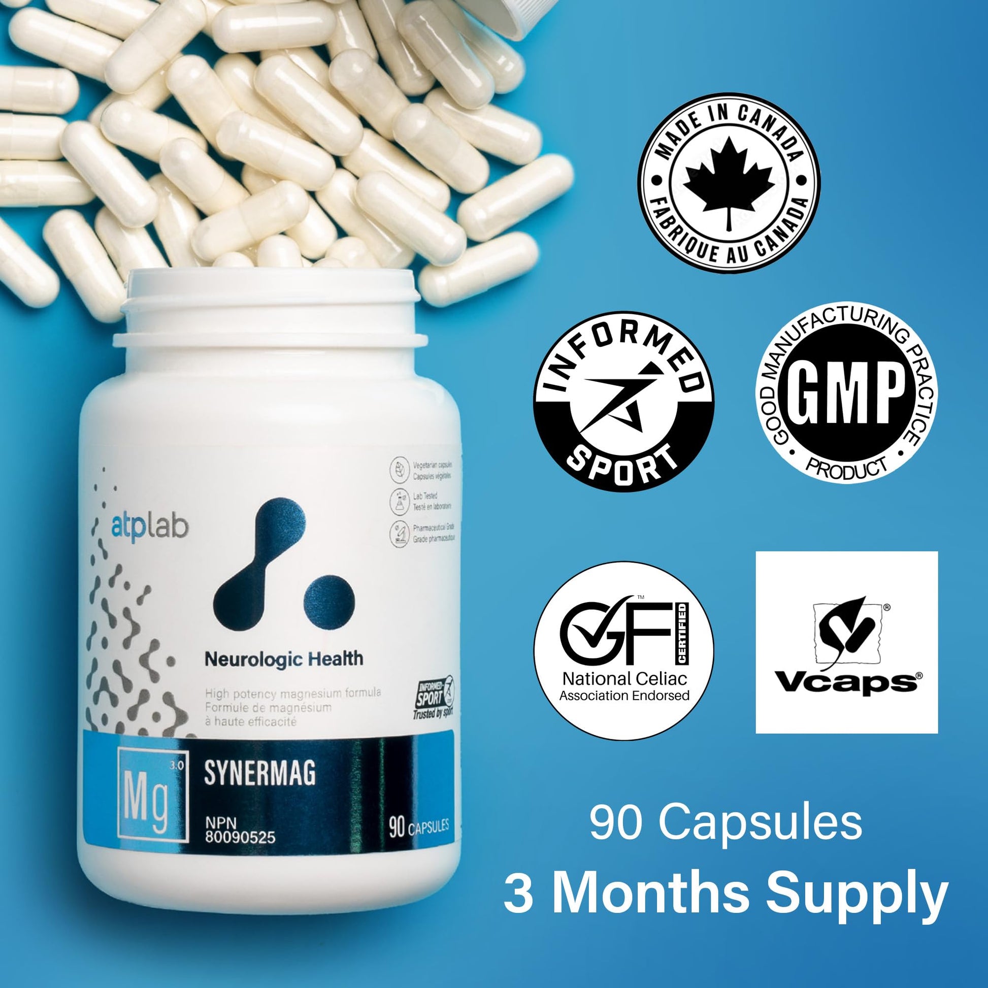 ATP LAB - Synermag 90 Capsules 90-Day Supply - High potency Magnesium Bisglycinate, Malate, Taurine & Vitamin B6 - Bone Health Supplement - Muscle Health & Teeth Health - Available at All In One Marketplace Canada