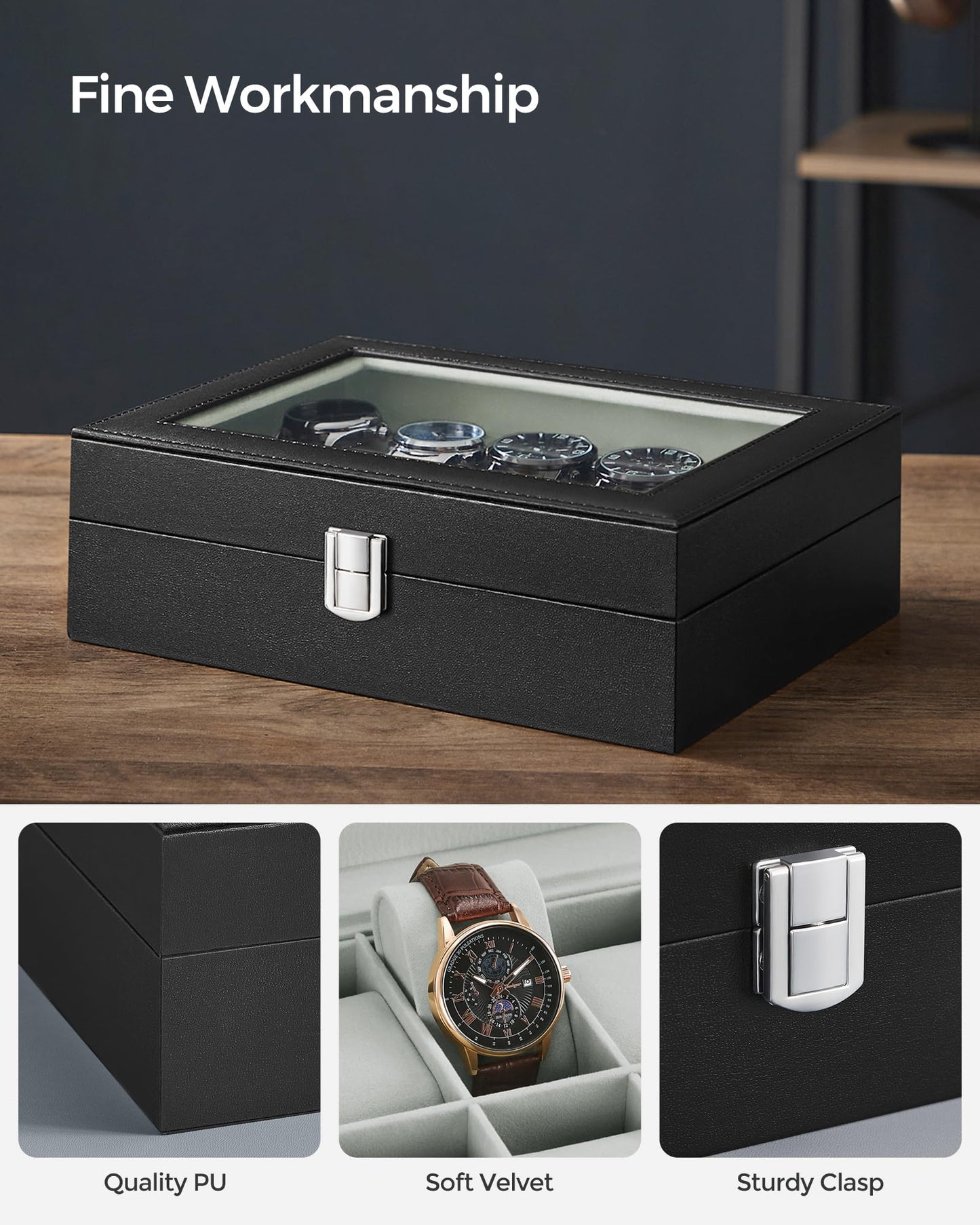 SONGMICS Watch Box, 10-Slot Watch Case Organizer with Large Glass Lid, Removable Pillows, Gift for Loved Ones, Black Synthetic Leather, Gray Lining UJWB010BK SONGMICS