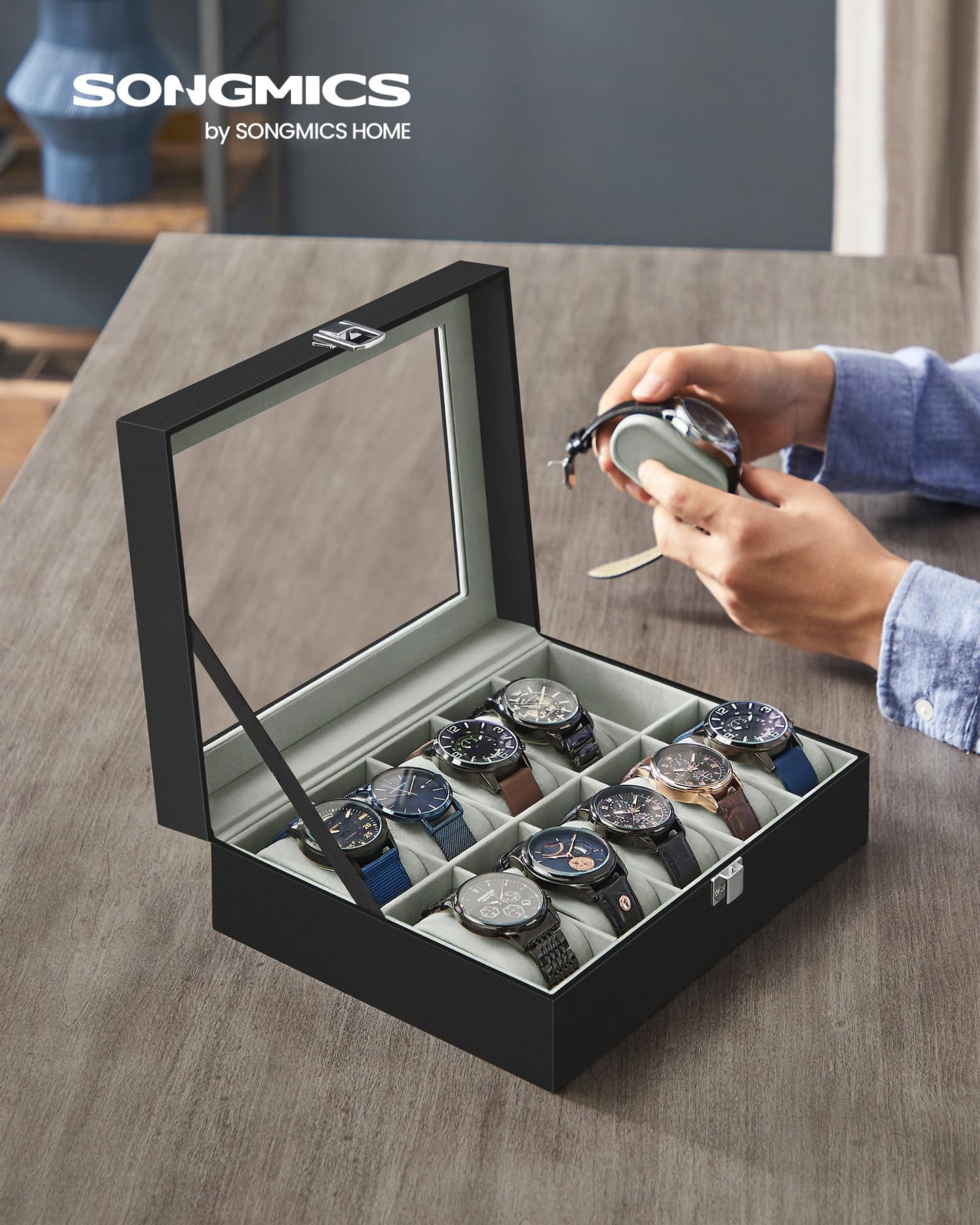 SONGMICS Watch Box, 10-Slot Watch Case Organizer with Large Glass Lid, Removable Pillows, Gift for Loved Ones, Black Synthetic Leather, Gray Lining UJWB010BK SONGMICS