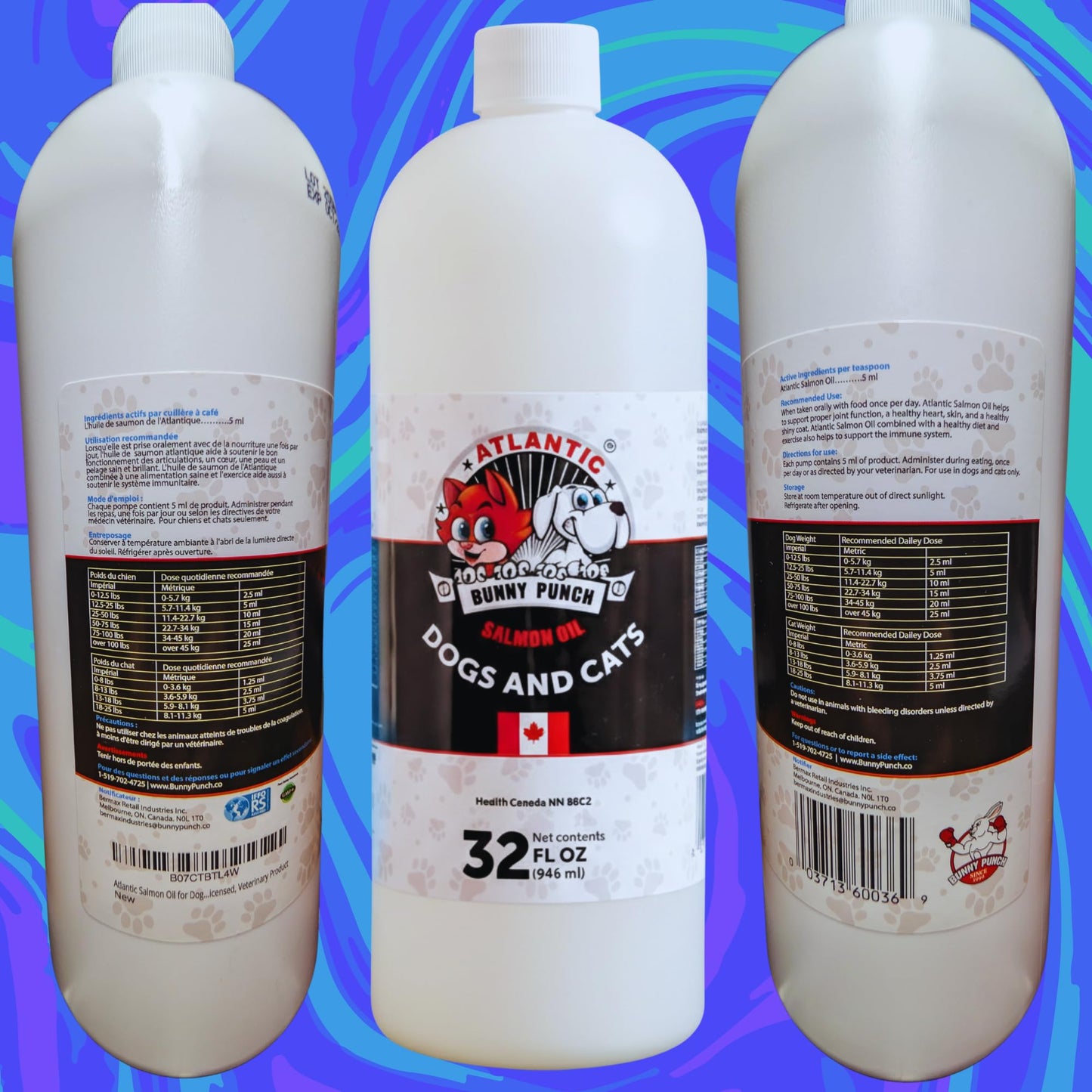 Bunny Punch Pure Atlantic Salmon Oil for Dogs & Cats - Liquid Food Topper - 32 oz - Available at All In One Marketplace Canada