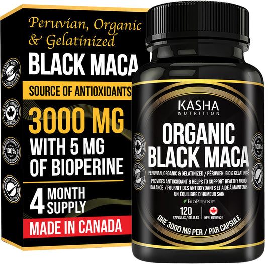 Organic Black Maca for Men & Women DHE 3000mg (Industry Strongest) with 5mg Bioperine per Capsule - Organic Gelatinized Maca for all Genders | 750 mg 4:1 Extract Maca Root / Maca Powder | Proudly Canadian | 4 Month Supply, Non-GMO, Vegan, Gluten Free, Soy - Available at All In One Marketplace Canada