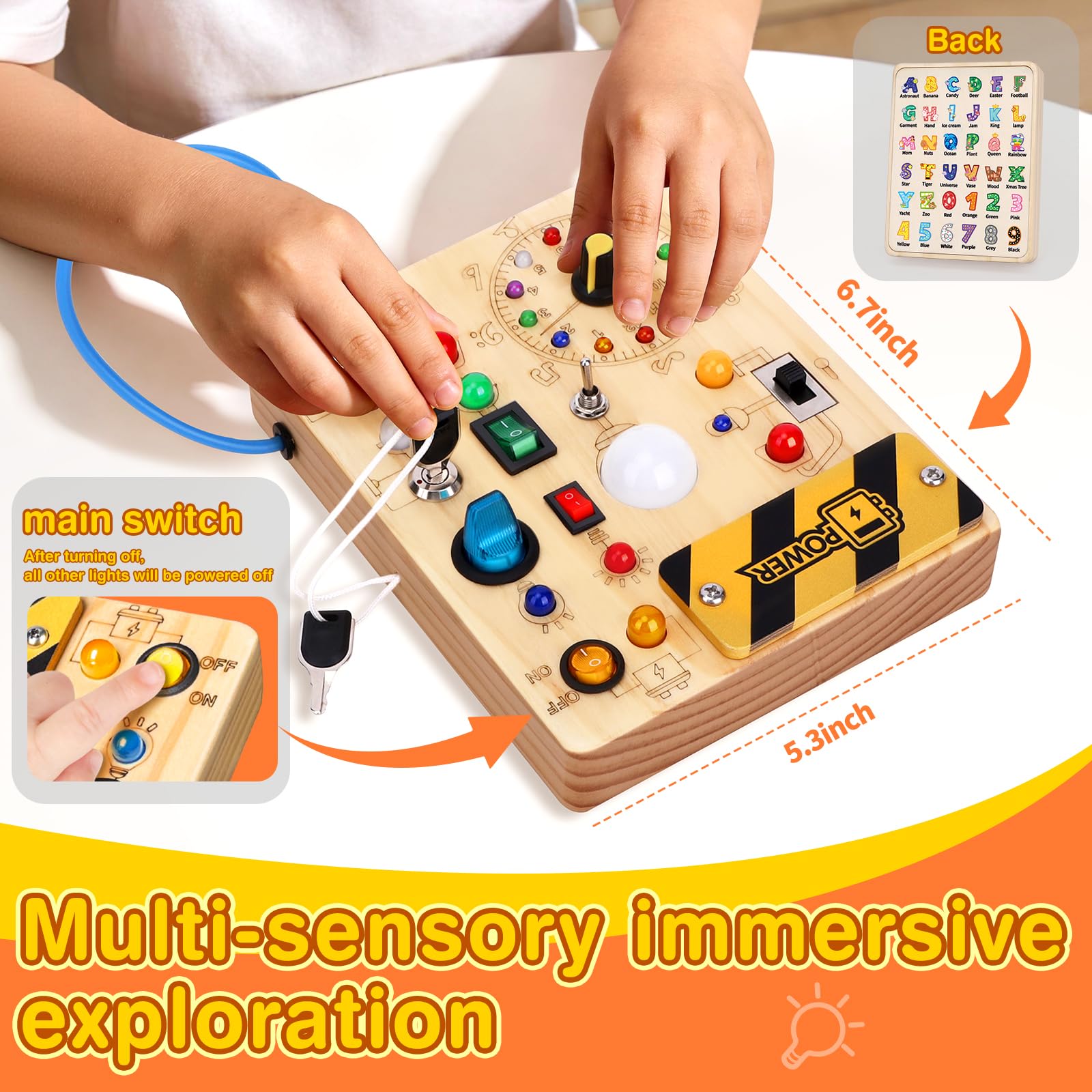 Busy Board Plus Version with 23 LED Lights, Montessori Sensory Fidget Toys for Toddlers 1-3, Wooden Educational Activity for Fine Motor Skills, Quiet Airplane Travel Must Haves for 1 2 3+ Year Old